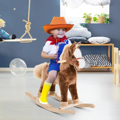 HOMCOM Schaukelpferd Baby Schaukeltier Plüsch Spielzeug Kinder Plüsch-Schaukeltier Braun L74 x B33 x H62 cm
