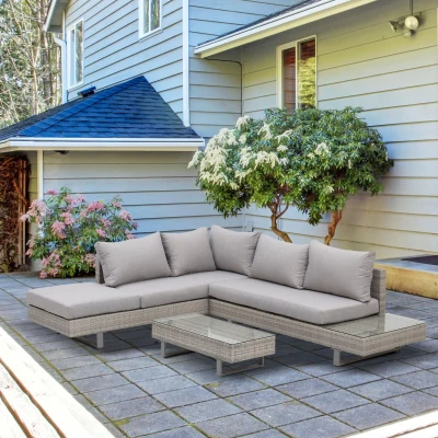 Outsunny Polyrattan-Lounge-Set für 4 Personen Couchtisch Beistelltisch Wetterbeständig Grau + Braun