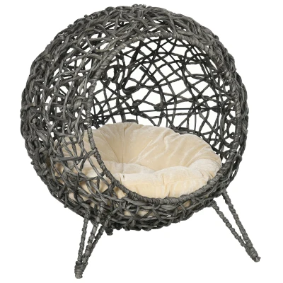 PawHut Cama para Gatos em Vime Sintético com Base de Tripé Almofada com Pelúcia e Algodão Suave Desenho Elevado Ø52×58 cm Cinza