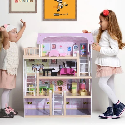 HOMCOM Casa delle Bambole Rosa in Legno a 4 Piani con 13 Accessori