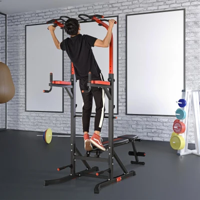 HOMCOM Estación de Musculación Torre de Entrenamiento con Altura Ajustable y Respaldo Regulable en 5 Posiciones Barra de Dominadas Fitness Flexiones Acero 108x178x202-238 cm Negro