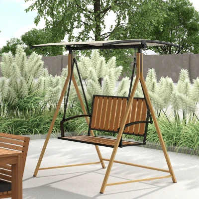 Outsunny Balancín de Jardín Exterior de 2 Plazas con Toldo Ajustable y Estructura de Metal 142x112x162 cm Madera Natural y Beige