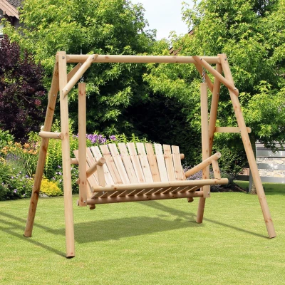 Outsunny 2 Seater Swing Chair Larch Wood Garden Lounger
