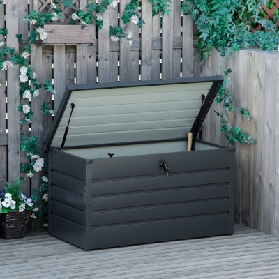 Outsunny Baú de Arrumação Exterior Capacidade 311L  de Aço com Fechadura Chave Pistões Pneumáticos 120x62x62 cm Cinza Escuro