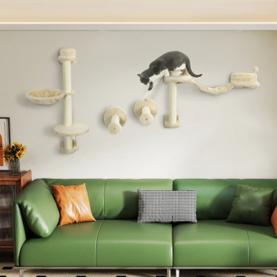 PawHut Juego de Escalada para Gatos de Pared 4 Piezas con Hamaca Bola Plataformas 84,5x19x54 cm Beige