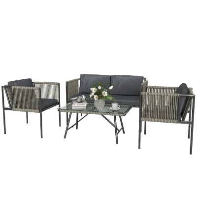 Outsunny 4-delige Tuinmeubelset: Sofa, 2 Fauteuils, Glazen Tafel met Kussens - Stalen Frame, Kunststof Rotan, Grijs