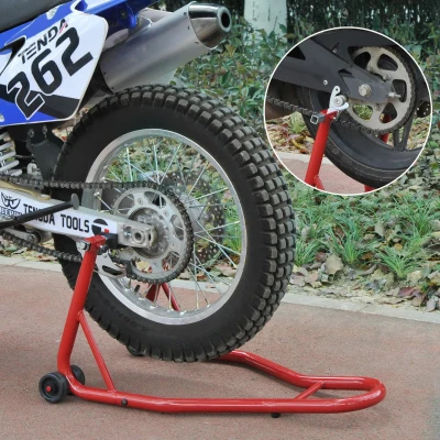 HOMCOM Caballete de Moto Soporte Posterior Universal Portátil y Móvil Tipo Elevador de Acero con 2 Horquillas y Ruedas 80x50x40 cm Color Rojo