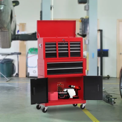 HOMCOM Metal Tool Chest on Wheels with 6 Drawers, Red 61.6x33cm