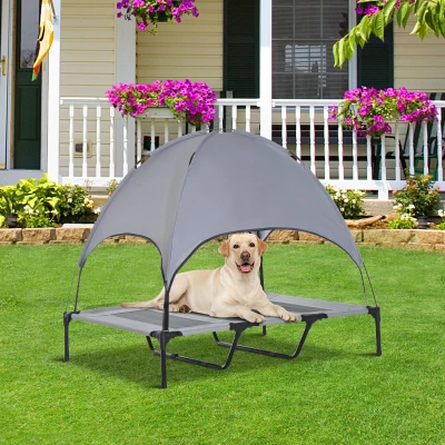 PawHut Cama elevada para animais de estimação Portátil com tecido respirável de toldo removível para interior e exterior 122x92x108 cm cinza