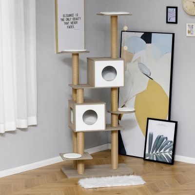 PawHut Árvore Arranhador de escalada para gatos Altura de 177 cm com Plataformas Cavernas Almofada macia brinquedo de suspensão Postes de juta Branco e cinza claro