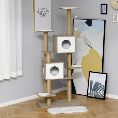 PawHut Árvore Arranhador de escalada para gatos Altura de 177 cm com Plataformas Cavernas Almofada macia brinquedo de suspensão Postes de juta Branco e cinza claro