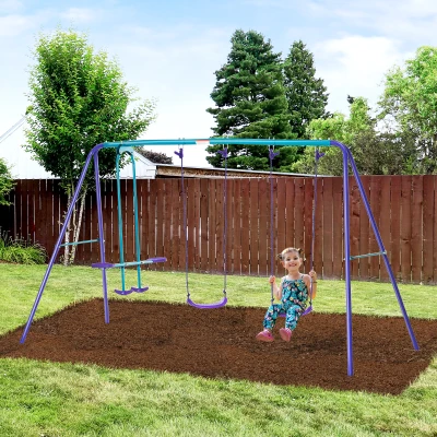 Outsunny Juego de Columpios de Jardín de Metal con Altura Ajustable 2 Columpios y Balancín 280x140x176 cm Morado y Azul