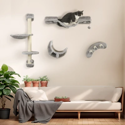 PawHut Juego de Escalada para Gatos de 4 Piezas Montado en la Pared con Hamaca Plataformas y Rascadores de Sisal Gris