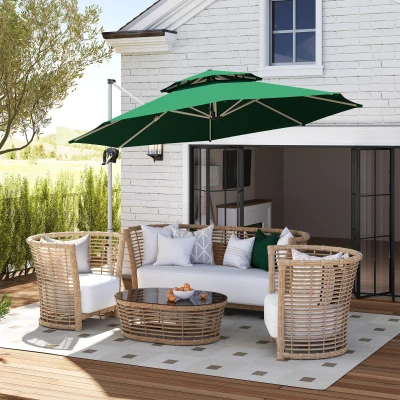 Outsunny Parasol Excéntrico Ø292 cm con Manivela Giro 360° Inclinación Ajustable Doble Techo y Base Cruzada Verde Oscuro