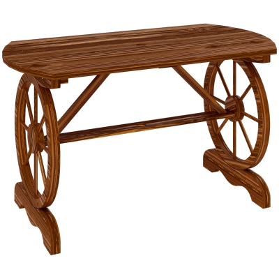 Outsunny Mesa de Jardín de Madera de Abeto con Patas en Forma de Rueda Orificio para Sombrilla 120x63x70 cm Acabado Carbonizado