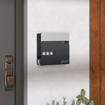 HOMCOM Briefkasten, Wandmontage, Abschließbar, Sichtfenster, Stahl, Grau