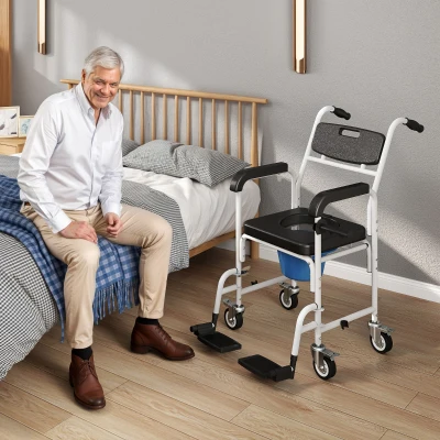 HOMCOM Sedia a Rotelle WC Impermeabile con Poggiapiedi Nera