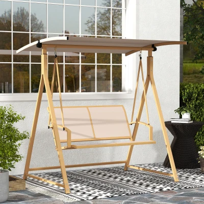 Outsunny Columpio de Jardín de 2 Plazas con Toldo Ajustable y Estructura Triangular de Metal Carga 220 kg 160x112x162 cm Caqui