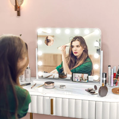 HOMCOM Specchio da Trucco con 14 Luci LED in Vetro Metallo Bianco