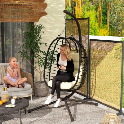 Outsunny Rattan Egg Swing Chair Steel Frame Cream White