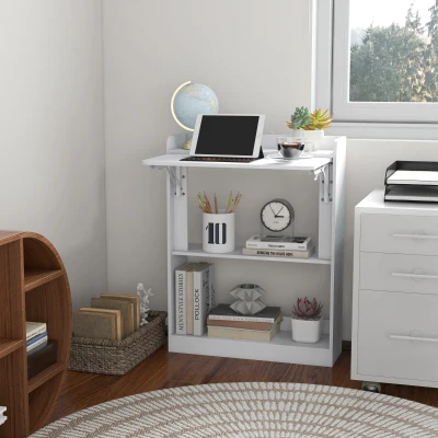 HOMCOM Escritorio de computadora escritorio con tablero abatible y 3 estantes de almacenamiento ahorro de espacio 63x55,5x82 cm Blanco