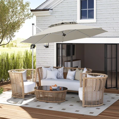 Outsunny Parasol Excéntrico Ø292 cm con Manivela Giro 360° Inclinación Ajustable Doble Techo y Base Cruzada Gris Claro