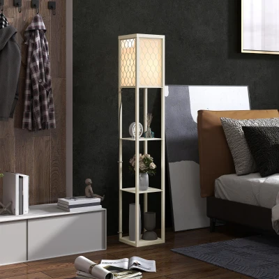 HOMCOM Floor Lamp with 4-Tier Wooden Shelves Oak/White