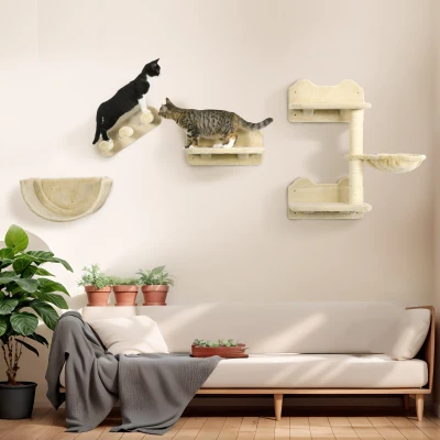 PawHut Kletterwand-Set für Katzen, 4-teilig, mit Katzentreppe, Hängematte, Plattform und Kratzbaum, Beige