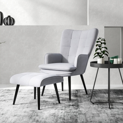 HOMCOM Armchair with Footstool Linen Accent Light Grey