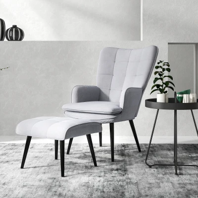 HOMCOM Armchair with Footstool Linen Accent Light Grey