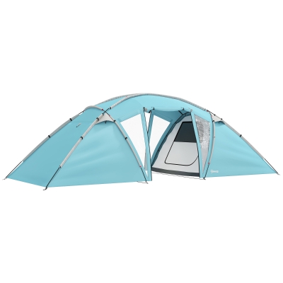Outsunny 4-6 Man Family Camping Tent w/ 2 Bedrooms and a Living Room, Waterproof Tunnel Tent w/ Sewn In Groundsheet, Doors, Windows, Carry Bag, Blue