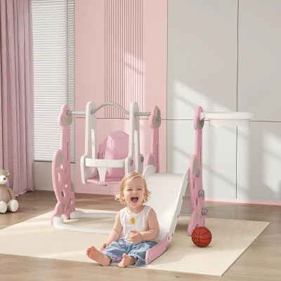AIYAPLAY 4 en 1 Parque Infantil Interior para +18 Meses Conjunto con Trepador y Canasta con Temática de Cohete Rosa y Blanco