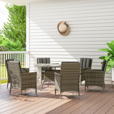 Outsunny 7-Piece Rattan Dining Set Round Table Light Grey