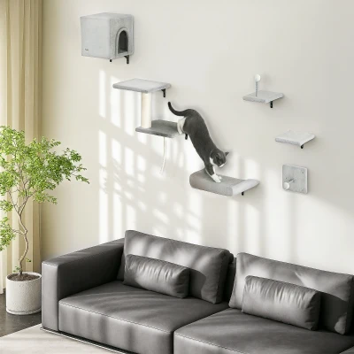 PawHut 6-Piece Cat Wall Shelves Set with Condo, Cat Wall Furniture with Platforms, Sisal Scratching Post, Bed, Toy Ball, Grey
