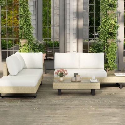 Outsunny Conjunto de Móveis de Vime 3 Peças Mesa de Centro Sofá Duplo e Sofá de 3 Lugares para Terraço Jardim Pátio Bege