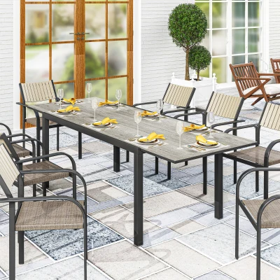 Outsunny Ausziehbarer Esstisch für 6-8 Personen, Verstellbarer Outdoor-Tisch aus Aluminium, Stahl, Kunststoff, Holzoptik, Grau