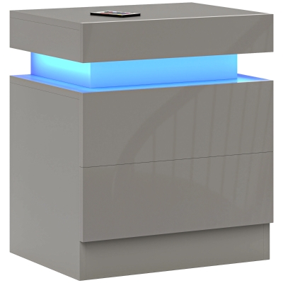 HOMCOM Mesilla de Noche con Luces LED 2 Cajones y Control Remoto Mesa de Noche para Dormitorio Salón 45x35x52 cm Gris