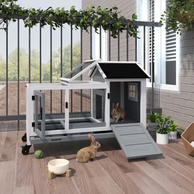 PawHut Wooden Rabbit Hutch Grey with Removable Tray