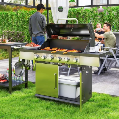 Outsunny Gasgrill 8500BTU Grillwagen inkl 6 Edelstahl-Brenner Thermometer Druckminderer 141 x 55 x 110 cm Silber