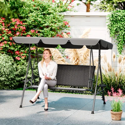 Outsunny 3-Seater Swing Chair Rattan Seat Steel Frame Grey