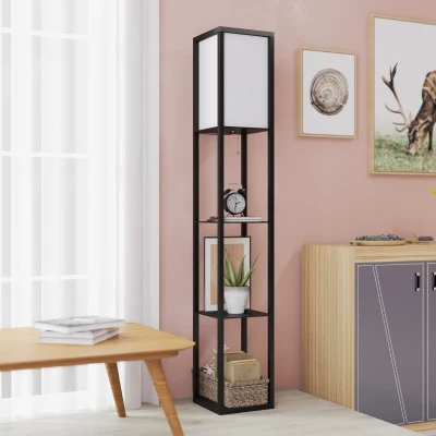 HOMCOM Lámpara de Pie Tipo Trípode con Estructura de Madera Natural y Pantalla de Tela Beige con Estante Integrado 50x50x154 cm
