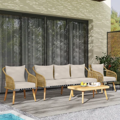 Outsunny Conjunto de Muebles de Exterior de 4 Piezas con Sofá Sillones y Mesa de Acacia con Cojines Gruesos y Ratán PE Natural