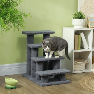 PawHut Scaletta per Cani e Gatti a 4 Gradini in Peluche Grigio