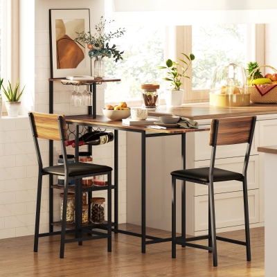 HOMCOM Conjunto de Mesa de Bar con Laterales Abatibles Soporte para Vinos y 2 Taburetes de Estilo Industrial Marrón y Negro