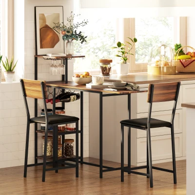 HOMCOM Conjunto de Mesa de Bar con Laterales Abatibles Soporte para Vinos y 2 Taburetes de Estilo Industrial Marrón y Negro