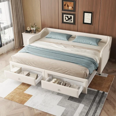 Divano letto 90x200 cm con letto estraibile e 2 cassetti, Beige