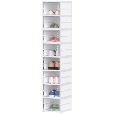 HOMCOM Lot de 8 boîtes à chaussures pliables en plastique empilables avec couvercles, pour pointure jusqu'à 43, blanc