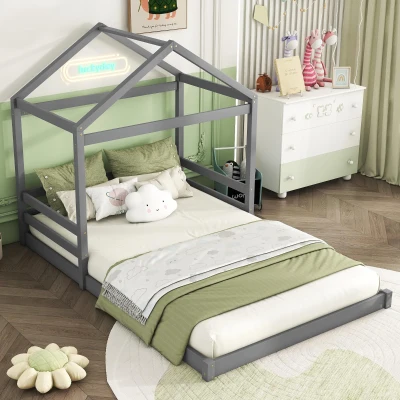 Letto per bambini a forma di casa 140x200 cm, Grigio