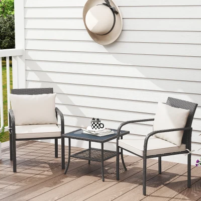 Outsunny Conjunto de Muebles de Jardín de Ratán Sintético con 2 Sillas con Cojines Acolchados y Mesa con Vidrio Templado Marrón