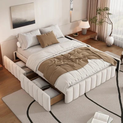 Letto imbottito 140x200 cm con 4 cassetti per spazio contenitore, Beige